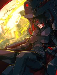 Rule 34 | 1girl, 621 (armored core 6), absurdres, armored core, armored core 6, black hair, bleeding from forehead, blood, blood on face, breasts, cockpit, control stick, explosion, getsome, harness, helmet, highres, mecha, medium breasts, nosebleed, piloting, plugsuit, robot, scar, scar on face, solo