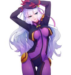 Rule 34 | 1girl, aqua eyes, bad id, bad pixiv id, beret, black jacket, bodysuit, breasts, commentary request, cropped jacket, gloves, gluteal fold, gundam, gundam exa, half-closed eyes, hat, head tilt, highres, jacket, large breasts, long hair, long sleeves, looking at viewer, parted lips, pink ribbon, purple bodysuit, purple gloves, purple hat, ribbon, shichijou natori, sidelocks, silver hair, simple background, solo, sthesia awar, thigh gap, very long hair, white background