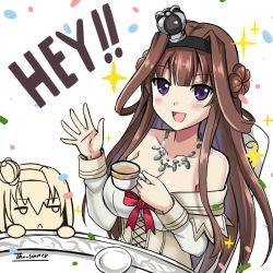 Rule 34 | 2girls, :&lt;, :d, artist name, blush, breasts, brown hair, chibi, chibi inset, cleavage, closed mouth, collarbone, cosplay, crown, cup, double bun, dress, english text, eyebrows, hair between eyes, hairband, highres, holding, jewelry, jitome, kantai collection, kongou (kancolle), large breasts, long hair, long sleeves, looking at viewer, mini crown, multiple girls, necklace, off-shoulder dress, off shoulder, open mouth, partially colored, purple eyes, saucer, simple background, smile, sparkle, tea, teacup, the-sinner, unamused, warspite (kancolle), warspite (kancolle) (cosplay), waving, white background, white dress