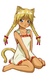 Rule 34 | 1girl, 2ch.ru, animal ears, artist request, barefoot, blonde hair, blue eyes, blush, braid, cat ears, cat girl, cat tail, dress, female focus, flat chest, full body, huyase, mascot, ribbon, ru-chans, simple background, sitting, slavya-chan, smile, solo, tail, traditional costume, twin braids, white background
