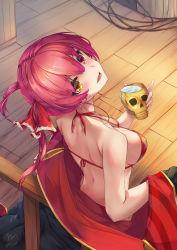 Rule 34 | 1girl, absurdres, back, bikini, blush, breasts, cup, dincat, hair between eyes, heterochromia, highres, holding, holding cup, hololive, houshou marine, houshou marine (summer), large breasts, long hair, looking at viewer, looking back, looking up, open mouth, red bikini, red eyes, red hair, skull, solo, strap gap, swimsuit, twintails, virtual youtuber, wooden floor, yellow eyes