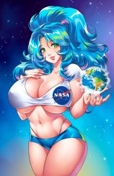 Rule 34 | 1girl, big hair, blue eyes, blue hair, blue shorts, breasts, cleavage, cowboy shot, crop top, curvy, earth-chan, earth (planet), eyes visible through hair, facing viewer, green eyes, green hair, hand on own chest, head tilt, high ponytail, lenadai, light smile, long hair, looking at viewer, midriff, multicolored hair, nail polish, nasa, nasa logo, navel, no bra, panty straps, parted bangs, parted lips, personification, planet, shirt, short shorts, short sleeves, shorts, skindentation, solo, space, standing, star (sky), third-party edit, truth, underboob, whale tail (clothing), white shirt