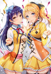 Rule 34 | 10s, 2girls, ayase eli, blonde hair, blue eyes, blue hair, earrings, finger to another&#039;s mouth, highres, jewelry, long hair, love live!, love live! school idol project, love live! the school idol movie, multiple girls, ponytail, sakamuke, scrunchie, smile, sonoda umi, sunny day song, thighhighs, yellow eyes, zettai ryouiki