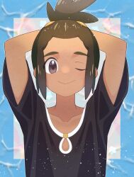 Rule 34 | 1boy, ;), arms behind head, black shirt, brown hair, closed mouth, collarbone, commentary request, creatures (company), game freak, grey eyes, happy, hau (pokemon), highres, kana (kanna runa0620), looking at viewer, male focus, nintendo, one eye closed, pokemon, pokemon sm, shirt, short hair, short ponytail, short sleeves, smile, solo, upper body