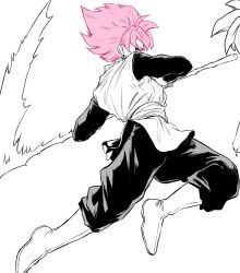 1boy bodysuit boots dougi dragon_ball dragon_ball_super earrings gimdol_z goku_black highres jewelry long_sleeves monochrome pants pink_hair potara_earrings saiyan sash scythe solo spiked_hair super_saiyan super_saiyan_rose