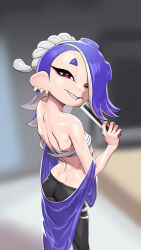 Rule 34 | 1girl, ass, blue hair, blurry, blurry background, chest sarashi, dimples of venus, ear piercing, from behind, grin, hand fan, highres, looking at viewer, looking back, lyoung0j, nintendo, octoling player character, pants, paper fan, piercing, pointy ears, poncho, red eyes, sarashi, shiver (splatoon), shoulder blades, smile, solo, splatoon (series), splatoon 3, tentacle hair, torn clothes, torn pants