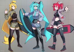 3girls absurdres ahoge akita_neru alternate_costume black_boots black_shorts black_thighhighs blinking blonde_hair blue_eyes blue_hair boots braid breasts cellphone covered_navel flip_phone grey_background grey_jacket hatsune_miku headset high_side_ponytail highres holding holding_phone hoverboard huge_ahoge jacket kasane_teto ksayyn long_hair long_sleeves looking_at_viewer medium_breasts multiple_girls navel open_clothes open_hand open_jacket open_mouth phone pleated_shorts red_eyes red_hair short_hair short_shorts shorts sonic_(series) sonic_riders_(series) thighhighs thighs triple_baka_(vocaloid) twin_braids twintails utau vocaloid yellow_eyes