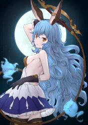 Rule 34 | 1girl, arm up, backless dress, backless outfit, bare shoulders, black gloves, blue hair, blush, breasts, brown eyes, brown thighhighs, closed mouth, commentary request, cowboy shot, dress, elbow gloves, erune, ferry (granblue fantasy), frilled dress, frilled gloves, frills, full moon, gloves, granblue fantasy, hair between eyes, highres, holding, holding whip, looking at viewer, looking to the side, moon, pleated dress, revision, sideboob, small breasts, smile, solo, thighhighs, uneg, wavy hair, whip, white dress