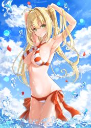 Rule 34 | 1girl, ahoge, armpits, arms behind head, arms up, bare shoulders, bikini, blonde hair, blue sky, blush, breasts, cleavage, criss-cross halter, day, fate/grand order, fate (series), green eyes, hair intakes, halterneck, hayashi takeo, highres, large breasts, long hair, looking at viewer, navel, nero claudius (fate), nero claudius (fate) (all), nero claudius (swimsuit caster) (fate), ocean, open mouth, petals, red bikini, side-tie bikini bottom, sideboob, sky, solo, striped bikini, striped clothes, swimsuit, thighs, twintails, tying hair, wading, water