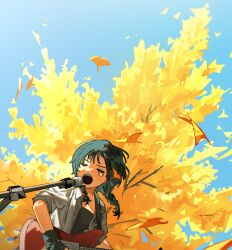 Rule 34 | 1girl, black gloves, black hair, black shirt, blue sky, braid, closed eyes, collared shirt, commentary, day, dutch angle, electric guitar, english commentary, falling leaves, fingerless gloves, floating hair, ginkgo leaf, ginkgo tree, gloves, guitar, highres, instrument, leaf, long hair, microphone, microphone stand, music, myango (applemangocrape), open mouth, original, outdoors, playing guitar, playing instrument, shirt, singing, sky, sleeves rolled up, solo, tearing up, tears, tree, twin braids, undershirt, white shirt