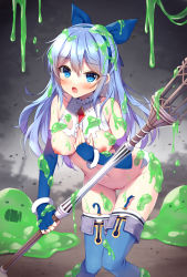Rule 34 | 1girl, bare shoulders, blue eyes, blue gloves, blue hair, blue hairband, blue ribbon, blue thighhighs, breasts, commentary request, commission, elbow gloves, fingerless gloves, garter straps, gloves, groin, hair between eyes, hair ribbon, hairband, highres, holding, holding staff, looking at viewer, mauve, medium breasts, navel, nipples, open mouth, original, panties, pixiv commission, ribbon, shirt, slime (creature), slime (substance), solo, staff, standing, thighhighs, torn clothes, torn panties, torn shirt, underwear, white panties, white shirt, white thighhighs