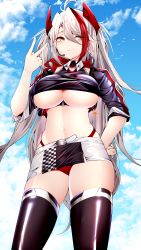 Rule 34 | 1girl, absurdres, azur lane, belt, bikini, bikini under clothes, bird, black thighhighs, blue sky, breasts, cleavage, closed mouth, cloud, crop top, from below, hand on own hip, headgear, headset, highres, iron blood (emblem), large breasts, long hair, looking away, microphone, microskirt, multicolored hair, navel, official alternate costume, prinz eugen (azur lane), prinz eugen (final lap) (azur lane), race queen, red hair, samip, shrug (clothing), skindentation, skirt, sky, solo, standing, streaked hair, swimsuit, taut clothes, thighhighs, two side up, underboob, v, very long hair, white belt, white hair, yellow eyes