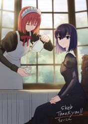 Rule 34 | 2girls, apron, black dress, black hair, chair, closed eyes, closed mouth, commission, crossover, cup, dress, expressionless, habit, hair between eyes, highres, hisui (tsukihime), holding, holding cup, holding teapot, indoors, juliet sleeves, kuonji alice, long sleeves, looking at viewer, mahou tsukai no yoru, maid, maid apron, maid headdress, mixed-language commentary, multiple girls, neck ribbon, puffy sleeves, purple eyes, red hair, red ribbon, ribbon, shintyoi2, short hair, skeb commission, smile, table, tea, teacup, teapot, thank you, tsukihime, white apron, window