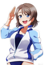 Rule 34 | 10s, 1girl, blue eyes, blue one-piece swimsuit, breasts, brown hair, competition swimsuit, cowboy shot, hand in pocket, jacket, kakiha makoto, love live!, love live! sunshine!!, one-piece swimsuit, open mouth, salute, short hair, smile, solo, swimsuit, swimsuit under clothes, track jacket, watanabe you, white background
