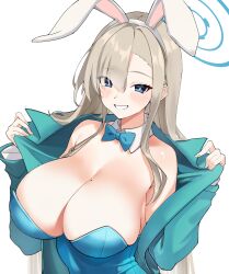 Rule 34 | 1girl, animal ears, asuna (blue archive), asuna (bunny) (blue archive), blue archive, blue eyes, blue leotard, breast focus, breasts, cleavage, close-up, commentary, detached collar, fake animal ears, hair over one eye, highres, huge breasts, leotard, looking at viewer, mole, mole on breast, official alternate costume, playboy bunny, rabbit ears, smile, strapless, strapless leotard, upper body, yue3621