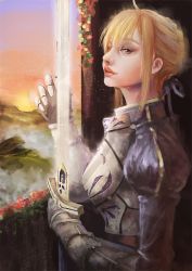 Rule 34 | 1girl, armor, artoria pendragon (fate), blonde hair, fate/stay night, fate (series), gauntlets, holding, holding sword, holding weapon, lipstick, makeup, meijin93, parted lips, saber (fate), solo, standing, sunrise, sword, upper body, weapon