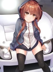 Rule 34 | 1girl, absurdres, black jacket, black skirt, black thighhighs, brown eyes, brown hair, car, closed mouth, hair between eyes, hair flaps, hair ornament, hairband, hibiki (zerocodo), highres, hood, hooded jacket, jacket, kantai collection, long hair, long sleeves, low twintails, motor vehicle, official alternate costume, pleated skirt, red hairband, shiratsuyu (kancolle), shiratsuyu kai ni (kancolle), signature, skirt, smile, solo, thighhighs, toyota supra, toyota supra mk iv, twintails, v-shaped eyebrows, x hair ornament, zettai ryouiki