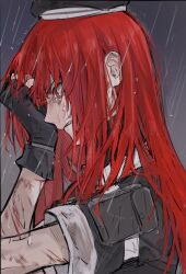Rule 34 | 1girl, black gloves, black headwear, black shirt, bruise, bruise on face, commentary request, crying, crying with eyes open, fingerless gloves, gloves, highres, hikachil, injury, long hair, punishing: gray raven, rain, red eyes, red hair, scar, scar on arm, scar on face, shirt, short sleeves, sidelocks, tears, vera (punishing: gray raven)