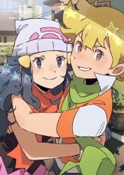 Rule 34 | 1boy, 1girl, absurdres, barry (pokemon), beanie, blonde hair, blush, brown eyes, closed mouth, commentary request, creatures (company), dawn (pokemon), day, eyelashes, game freak, green scarf, grey eyes, hair ornament, hairclip, hat, highres, hug, hunnyamai, long hair, looking at viewer, nintendo, orange scarf, outdoors, plant, pokemon, pokemon dppt, potted plant, scarf, short sleeves, signature, smile, star (symbol)