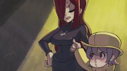 Rule 34 | 2girls, age difference, alex ahad, annoyed, breast poke, breasts, cross, hair over one eye, hand on own hip, hat, height difference, inverted cross, lab zero games, large breasts, long hair, long sleeves, multiple girls, o3o, official art, parasoul (skullgirls), poking, pout, purple eyes, raincoat, red hair, siblings, sisters, size difference, skullgirls, standing, sweater, umbrella (skullgirls), yellow eyes
