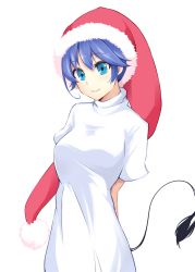 Rule 34 | 1girl, arms behind back, blue eyes, blue hair, breasts, closed mouth, cowboy shot, doremy sweet, dress, hat, jajao, looking at viewer, medium breasts, nightcap, pom pom (clothes), short hair, short sleeves, simple background, smile, solo, tail, touhou, white background, white dress