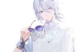 Rule 34 | 1boy, blue eyes, chinese clothes, closed mouth, unworn eyewear, fate/grand order, fate (series), hand up, holding, holding removed eyewear, hou (ppo), male focus, ponytail, prince of lan ling (fate), round eyewear, shirt, short hair, simple background, smile, solo, sunglasses, upper body, white background, white hair, white shirt, wrist cuffs