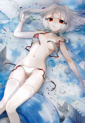Rule 34 | 1girl, absurdres, air (sky fall), bikini, breasts, choker, hair ornament, highres, long hair, looking at viewer, lying, navel, official art, on back, open clothes, panties, parted lips, partially submerged, red eyes, reflection, scan, short hair, sky fall, sky fall kikai ningyou to rurousha, solo, swimsuit, thigh gap, thighhighs, tokiti, underwear, untied bikini, white hair, white panties, white thighhighs