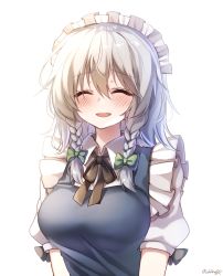 Rule 34 | 1girl, :d, ^ ^, artist name, bad id, bad pixiv id, black ribbon, blue dress, blush, bow, braid, breasts, closed eyes, commentary, dress, facing viewer, green bow, hair between eyes, hair bow, highres, izayoi sakuya, large breasts, maid, maid headdress, neck ribbon, nose blush, open mouth, pudding (skymint 028), puffy short sleeves, puffy sleeves, ribbon, shirt, short hair, short sleeves, signature, silver hair, simple background, smile, solo, touhou, twin braids, upper body, white background, white shirt