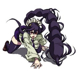 Rule 34 | 1girl, all fours, artist request, breasts, filia (skullgirls), large breasts, long hair, nail polish, necktie, open mouth, pink nails, pleated skirt, prehensile hair, purple hair, red eyes, samson (skullgirls), school uniform, scorpion tail, skirt, skullgirls, solo, tail, white background
