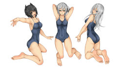 Rule 34 | 3girls, ass, black hair, blush, breasts, cookin, highres, multiple girls, open mouth, smile, swimsuit, white hair