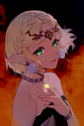 Rule 34 | 1girl, absurdres, blonde hair, braid, circlet, closed mouth, crown braid, dress, earrings, green eyes, hand on own chest, highres, jewelry, jiu xiao han, looking at viewer, magatama, magatama necklace, necklace, nintendo, pendant, pointy ears, princess zelda, short hair, sidelocks, solo, strapless, strapless dress, tears, the legend of zelda, the legend of zelda: tears of the kingdom, upper body