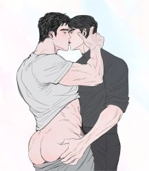 Rule 34 | 2boys, ass, ass grab, bad id, bad twitter id, bara, black hair, black pants, black shirt, blush, clothes pull, eye contact, grabbing, grabbing another&#039;s ass, grey pants, grey shirt, groping, highres, kiss, looking at another, male focus, multiple boys, muscular, muscular male, original, pants, pants pull, seongsilman, shirt, short hair, sideburns, simple background, white background, yaoi