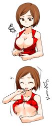 Rule 34 | 1girl, breasts, brown eyes, brown hair, cleavage, closed eyes, large breasts, meiko (vocaloid), open mouth, red theme, satou m, solo, underboob, vocaloid, wardrobe malfunction, zipper