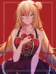 Rule 34 | 1girl, akai haato, akai haato (gothic lolita), bare arms, bare shoulders, blonde hair, blue eyes, bow, breasts, cleavage, dress, hair between eyes, hair ornament, hair ribbon, heart, heart hair ornament, highres, hololive, long hair, looking at viewer, low twintails, one side up, pleated dress, red dress, ribbon, scar, scar on neck, simple background, sleeveless, sleeveless dress, smile, solo, twintails, upper body, very long hair, virtual youtuber, wataron