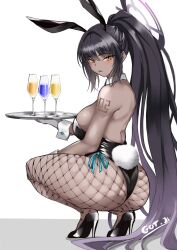 Rule 34 | 1girl, absurdres, animal ears, aqua ribbon, artist name, ass, bare shoulders, black footwear, black hair, black leotard, blue archive, blush, breasts, cup, dark-skinned female, dark skin, detached collar, drinking glass, fake animal ears, fake tail, fishnet pantyhose, fishnets, from side, gloves, got ji (gojich1), gradient hair, halo, high heels, high ponytail, highleg, highleg leotard, highres, holding, holding plate, karin (blue archive), karin (bunny) (blue archive), large breasts, leotard, long hair, looking at viewer, looking back, multicolored hair, number tattoo, official alternate costume, open mouth, pantyhose, plate, playboy bunny, ponytail, purple hair, rabbit ears, rabbit tail, ribbon, shoulder tattoo, sideboob, simple background, smile, solo, squatting, tail, tattoo, two-tone hair, very long hair, white background, white gloves, wrist cuffs, yellow eyes