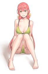 Rule 34 | 1girl, akashi (kancolle), bare arms, bare legs, bare shoulders, barefoot, bikini, blush, breasts, breasts apart, collarbone, full body, green bikini, green eyes, grin, hair between eyes, hair ribbon, highres, kantai collection, large breasts, long hair, looking at viewer, open mouth, orange ribbon, pink hair, ribbon, simple background, smile, solo, swimsuit, tress ribbon, white background, yuuji (and)