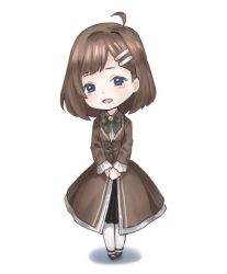 Rule 34 | 1girl, ahoge, blue eyes, blush, bow, bowtie, brown coat, brown footwear, brown hair, brown skirt, chibi, coat, frilled sleeves, frills, green bow, green bowtie, hair ornament, hairclip, hod (project moon), kazu1010, library of ruina, long sleeves, medium hair, open mouth, pantyhose, project moon, shoes, skirt, smile, solo, white pantyhose