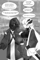 Rule 34 | 1girl, 1other, absurdres, arknights, bag, belt buckle, blurry, blurry background, braid, breasts, buckle, commentary, depth of field, doctor (arknights), english commentary, english text, engrish text, fingerless gloves, gloves, greyscale, high-waist shorts, highres, hood, hood up, hooded jacket, horns, jacket, locked arms, long sleeves, medium breasts, monochrome, najashi, open clothes, open jacket, pantyhose, pantyhose under shorts, puffy long sleeves, puffy sleeves, ranguage, saria (arknights), shirt, short shorts, shorts, shoulder bag, tail
