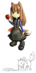 Rule 34 | 00s, 1girl, animal ears, apple, fang, food, fruit, holding, holding food, holding fruit, holo, solo, spice and wolf, tail, wolf ears, wolf tail