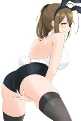 Rule 34 | 1girl, ahoge, animal ears, ass, back, backless outfit, bare shoulders, between legs, black thighhighs, blush, breasts, brown eyes, brown hair, fake animal ears, hand between legs, highres, idolmaster, idolmaster shiny colors, kuwayama chiyuki, large breasts, leotard, long hair, looking at viewer, parted lips, playboy bunny, ponytail, rabbit ears, rabbit tail, simple background, smile, solo, tail, thighhighs, thighs, tsunakanten, white background