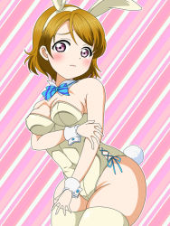 Rule 34 | 1girl, aqua bow, aqua ribbon, artist name, artist request, bare shoulders, blue bow, blush, bow, breasts, brown hair, cleavage, collarbone, female focus, hair between eyes, koizumi hanayo, leotard, looking at viewer, love live!, love live! school idol project, medium breasts, parted lips, pink background, playboy bunny, purple eyes, rabbit tail, ribbon, short hair, smile, solo, striped, striped bow, thighhighs, white leotard, white thighhighs, white wrist cuffs, wing collar, worried, wrist cuffs