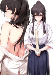 Rule 34 | 1girl, black hair, black hakama, breasts, closed mouth, commentary request, grey eyes, hair between eyes, hakama, hakama skirt, high ponytail, highres, japanese clothes, kendo, long hair, looking ahead, medium breasts, multiple views, off shoulder, original, osterei, serious, shinai, skirt, sweat, sword, undressing, weapon, white background