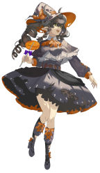 Rule 34 | 1girl, :d, absurdres, black capelet, black dress, black hat, black socks, bow, braid, candy, capelet, dress, drill hair, food, full body, green eyes, grey footwear, hair between eyes, hat, hat bow, highres, holding, holding candy, holding food, holding lollipop, horns, horns through headwear, kneehighs, lollipop, long hair, long sleeves, looking away, looking to the side, open mouth, orange bow, ori (momonimo), original, puffy long sleeves, puffy sleeves, shoes, sidelocks, simple background, smile, socks, solo, twin braids, twin drills, twintails, very long hair, white background, witch hat