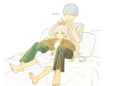 Rule 34 | 1boy, 1girl, barefoot, between legs, black pants, blue hair, bow, brown cardigan, cardigan, chamwa, closed eyes, closed mouth, commentary, dress, earrings, elf, english text, frieren, green eyes, hair bow, hetero, himmel (sousou no frieren), jewelry, mole, mole under eye, on bed, pants, parted lips, pillow, pink bow, pointy ears, reclining, short hair, simple background, smile, sousou no frieren, sweater, symbol-only commentary, tying another&#039;s hair, white background, white dress, white sweater