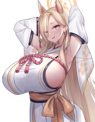 Rule 34 | 1girl, absurdres, animal ears, armpits, blonde hair, blue archive, breasts, commentary request, detached sleeves, hairband, halo, highres, huge breasts, japanese clothes, kaho (blue archive), kimono, long hair, looking at viewer, mole, mole under mouth, open mouth, simple background, smile, solo, white background, white kimono, white sleeves, wide sleeves, yellow eyes, yellow hairband, yuuki shuri