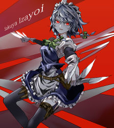 Rule 34 | 1girl, apron, ascot, between fingers, black thighhighs, blue dress, braid, dress, holding, holster, izayoi sakuya, juliet sleeves, knife, kozou (soumuden), long sleeves, looking at viewer, maid, maid apron, maid headdress, open mouth, outstretched arms, puffy sleeves, red eyes, shirt, silver hair, smile, solo, thigh holster, thighhighs, touhou, twin braids, waist apron, zettai ryouiki