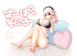 Rule 34 | barefoot, bikini, breast hold, breasts, character name, curvy, feet, headphones, heart, large breasts, long hair, nervous, nitroplus, pillow, pink hair, red eyes, smile, solo, star (symbol), super sonico, swimsuit, tonky