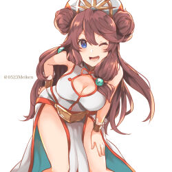 Rule 34 | 1girl, ;d, alternate breast size, amane (dragalia lost), bent over, blue eyes, bracelet, breasts, brown hair, cleavage, cleavage cutout, clothing cutout, double bun, dragalia lost, dress, hair between eyes, hair bun, hand on own hip, hand on own thigh, highres, jewelry, large breasts, leaning forward, long hair, looking at viewer, one eye closed, open mouth, po pooch, sleeveless, sleeveless dress, smile, solo, twitter username, very long hair, white background, white dress, wink