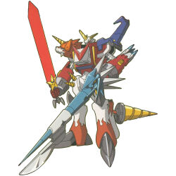 Rule 34 | 1boy, clenched hands, digimon, digimon (creature), digimon xros wars, full body, glowing, glowing sword, glowing weapon, helmet, highres, holding, holding sword, holding weapon, horns, looking to the side, mecha, no humans, official art, robot, scan, shoutmon x4s, simple background, solo, sword, tail, toei animation, weapon