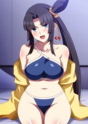 Rule 34 | 1girl, bare shoulders, bikini, black hair, blue bikini, blue eyes, blush, breasts, collarbone, fate/grand order, fate (series), hair bun, hara (harayutaka), highres, jacket, large breasts, long hair, long sleeves, looking at viewer, navel, off shoulder, open clothes, open jacket, open mouth, side bun, side ponytail, single hair bun, single side bun, sitting, smile, solo, swimsuit, thighs, ushiwakamaru (fate), ushiwakamaru (fate/grand order), ushiwakamaru (swimsuit assassin) (fate), ushiwakamaru (swimsuit assassin) (first ascension) (fate), very long hair, yellow jacket